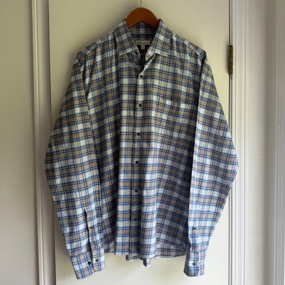 Peter Millar Mens Large Blue Tan Plaid Cotton Long Sleeve Button Down Shirt L